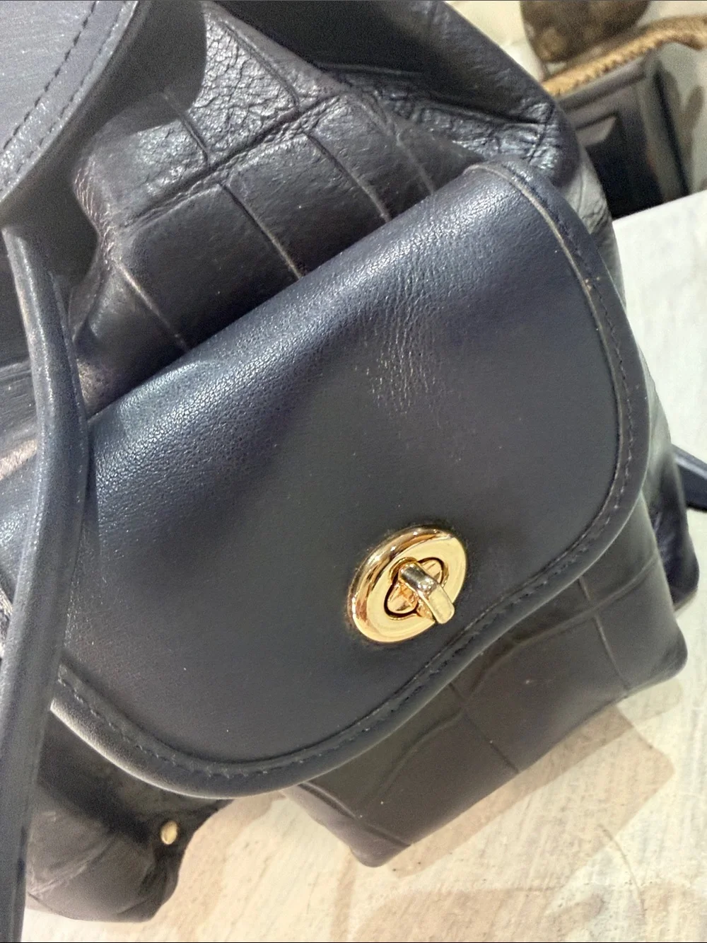 Coach Dark Navy Croc-Embossed Leather Rucksack  Backpack with Gold-Tone Hardware